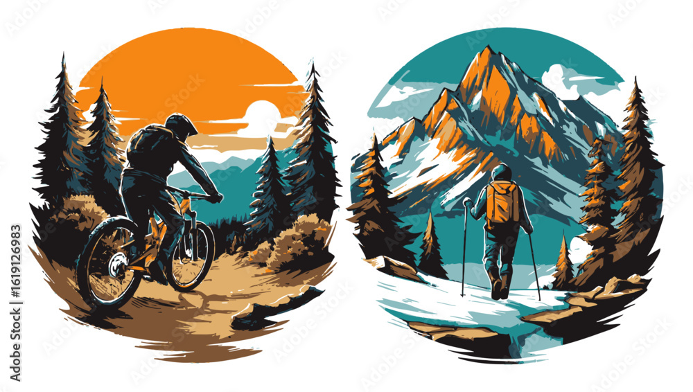 Fototapeta premium Surfer Riding Waves and Hiker on Mountain Peak Against Vibrant Sunset