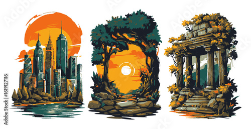 Desert Landscape and Mountain Scene with Horses and Dogs in Nature Adventure