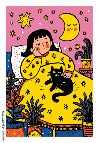 Cozy Night Scene with Cat and Girl, Stars and Moon, Bright Colors and Plants