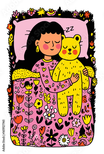 Cozy Girl in Bed with Yellow Bear Surrounded by Flowers and Nature Elements