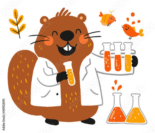 Cheerful Cartoon Beaver Conducting Science Experiments in Laboratory