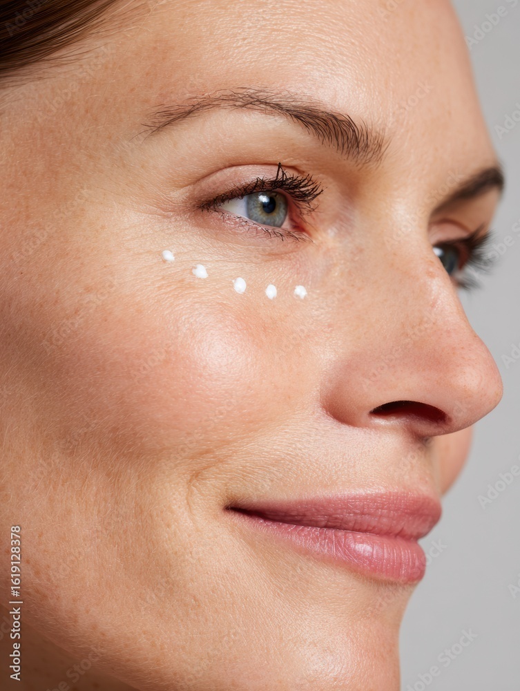 Fototapeta premium Effective Facial Treatment Routine Featuring Cream Dots Along Cheekbone Line for Skin Care Enhancement and Revitalization