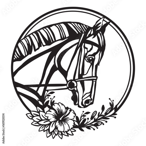 Profile of horse with flowers in round frame vector illustration