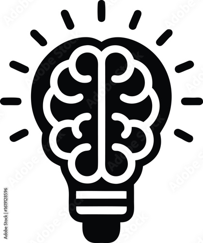 Black brain light bulb icon with radiating lines on white background idea thinking