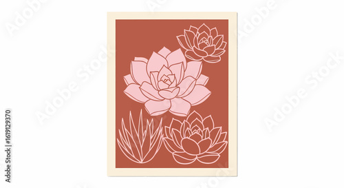 Botanical poster design featuring various echeveria and succulent plants in a minimalist boho style.