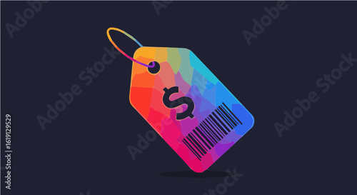 Promotion and sale colorful price tag vector graphic for retail sales and promotion marketing with barcode and dollar sign vector