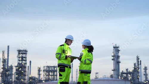 Engineers Reviewing Plans at Industrial Site at Dusk, Safety Engineers Surveying Refinery Operations, Team of Industrial Workers with Tablet at Night