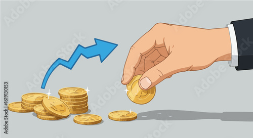 Promotion and sale investment growth strategy concept hand placing gold coins stack with arrow up financial planning success vector