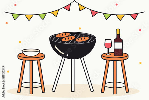 Barbecue grill with sausages wine and bunting food