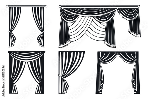 Black and white illustrations of various draped curtains