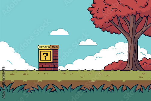 Pixel art question mark block and red tree under blue sky