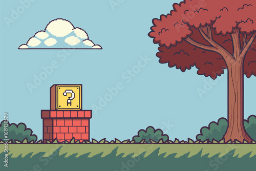 Pixelated Question Block on Brick Platform with Tree and Clouds