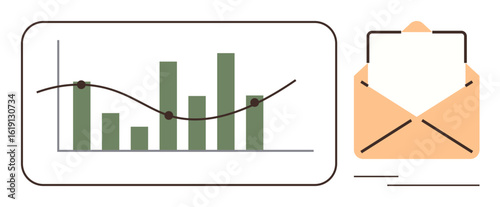 Envelope with letter alongside green bar graph and line chart in simplistic style. Ideal for analytics, communication, data analysis, finance, marketing, business reporting, teamwork. Simple flat