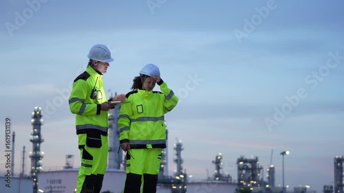 Engineers Reviewing Plans at Industrial Site at Dusk, Team of Industrial Workers with Tablet, Engineers Collaborating at Manufacturing Plant