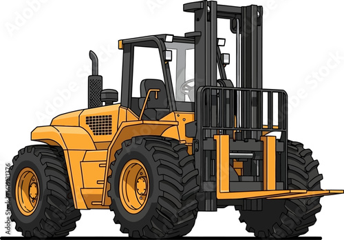 A cartoon illustration of a large, yellow forklift truck, showing its robust design and heavy-duty features.