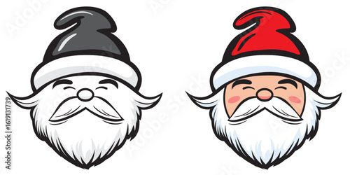 Santa Claus Face icon. Santa Claus head cartoon character. Happy Christmas vector black and white, colored illustration. Santa Claus portrait stencil colorless black and white outline. Santa clipart