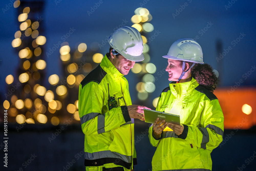Fototapeta premium Two engineers in reflective safety gear review plans on a tablet during a night shift at an industrial site, with blurred factory lights glowing in the background.