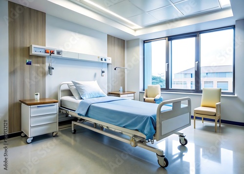 Modern hospital room with medical equipment and large window view