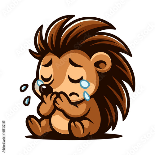 Crying cartoon hedgehog feeling very upset