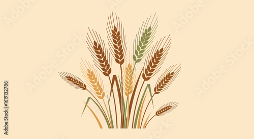 A rustic illustration of a sheaf of wheat ears in warm tones. Vector graphic symbol for agriculture, harvest, and natural food.