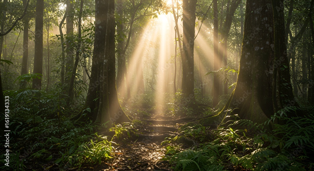 Obraz premium Sunbeams Illuminate Misty Forest Path