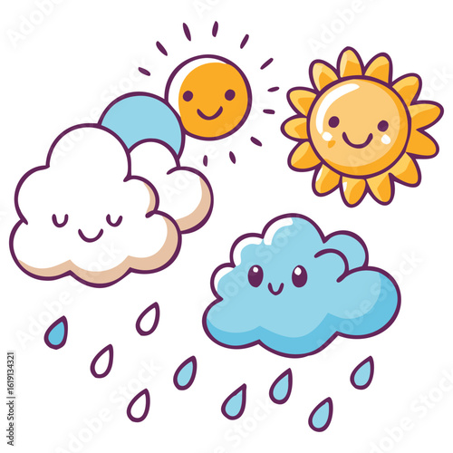 Cute illustration of sun and clouds raining with happy faces