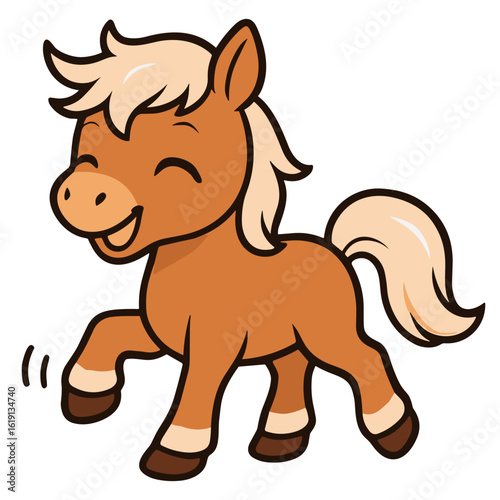 Joyful pony cartoon prances happily with soft smile