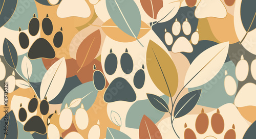 Autumnal Paw Print Pattern with Falling Leaves A Whimsical Design for Pets and Nature Lovers