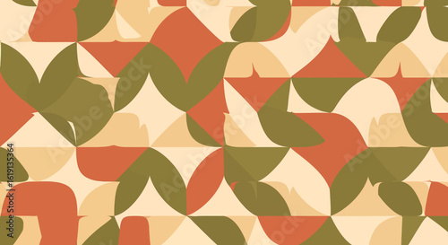 Seamless retro pattern of whisked geometric shapes in terracotta and olive. Modern abstract mosaic background with blended forms.