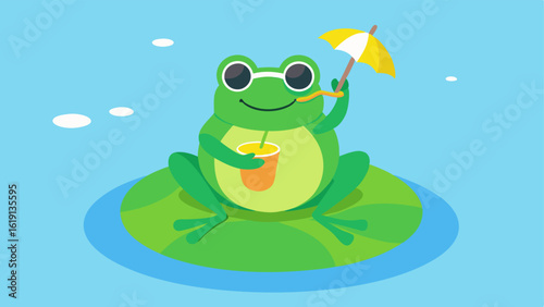 Chill Frog with a Drink A vibrant green frog reclines on a large round lily pad. It wears oversized sunglasses and holds a tiny coconut drink with a colorful umbrella. Soft ripples