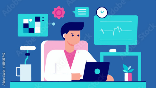 AIassisted Doctor Consultation A doctor sitting at a desk with a tablet interacting with a hologram displaying health predictions based on patient data and scans. The hologram