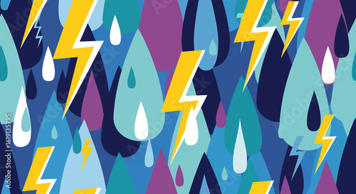Dynamic seamless pattern of a thunderstorm, featuring stylized raindrops and energetic lightning bolts on a colorful background.