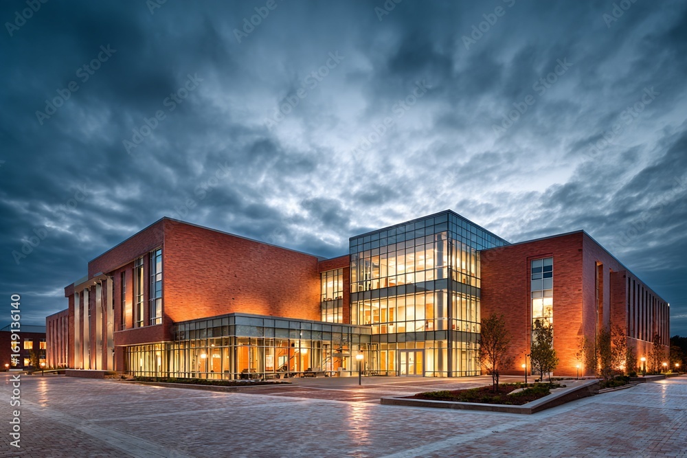 Fototapeta premium Brick and Glass Building at Dusk