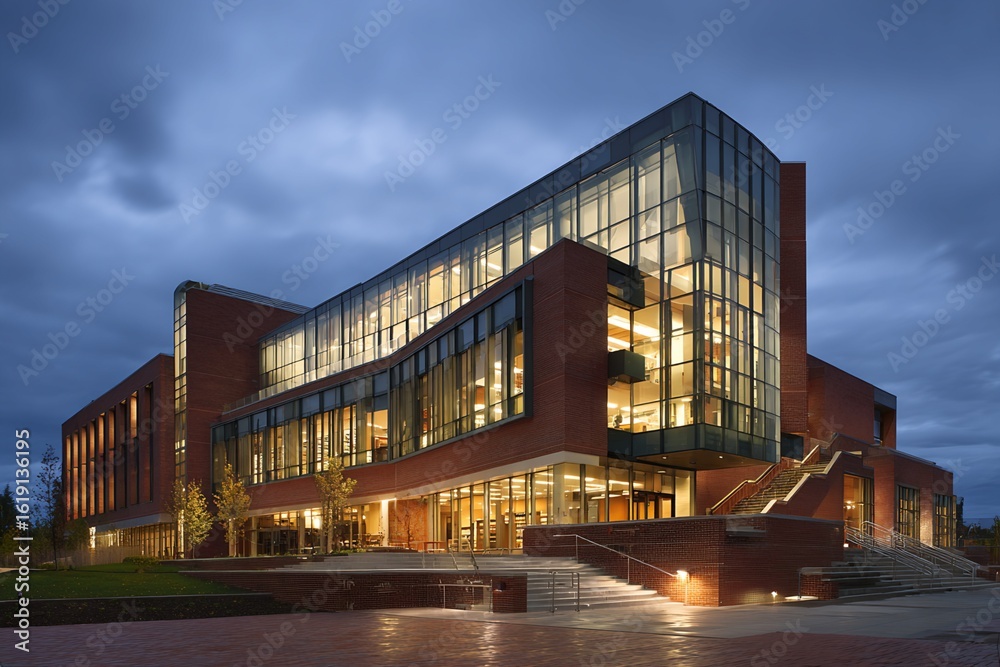 Obraz premium Modern Brick and Glass Building at Dusk