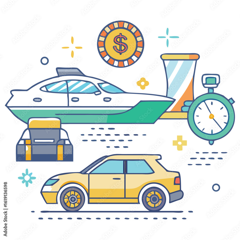 Naklejka premium Aspirational symbols of financial success luxury travel and efficient time management depicted with linear style