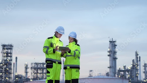 Team of Industrial Workers with Tablet, Engineers Collaborating at Manufacturing Plant, Engineers Reviewing Plans at Industrial Site at Dusk