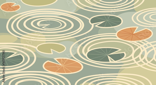 A serene water garden background with graphic lily pads and whisking ripples creating a tranquil pattern