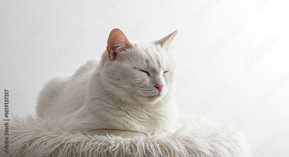 Obraz premium Peaceful White Cat Relaxing on a Fluffy White Surface.