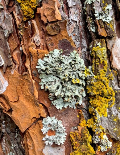 Textured Tree Bark with Yellow and Green Lichen Forming Abstract Patterns