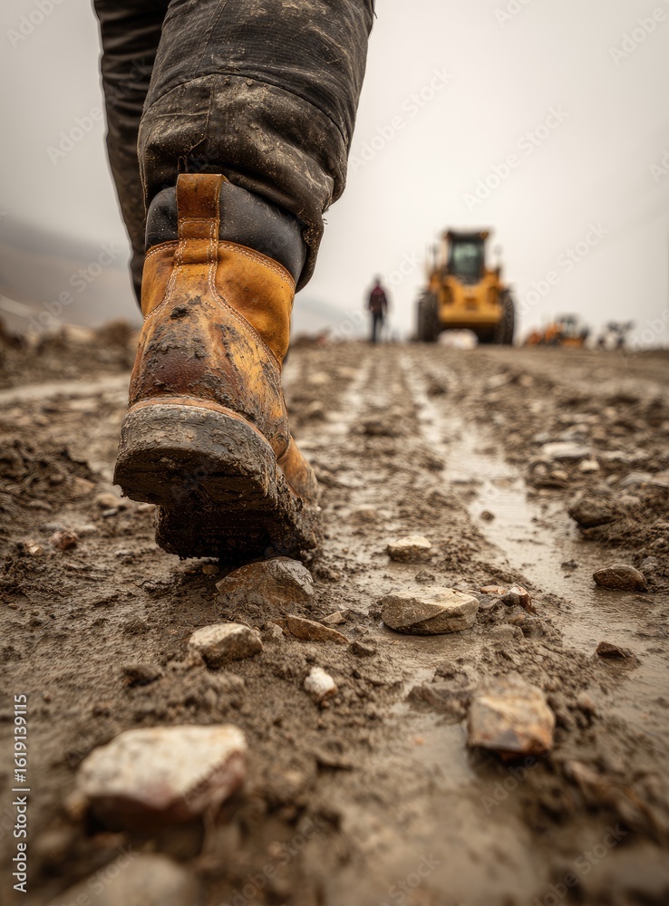 Naklejka premium Close-up of work boots walking on a muddy construction path