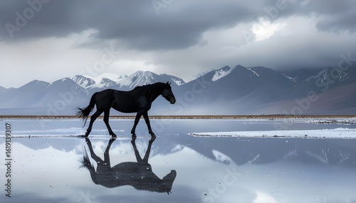 A solitary black equine subject is depicted slowly traversing a desolate salt flat terrain beneath an overcast grey sky.