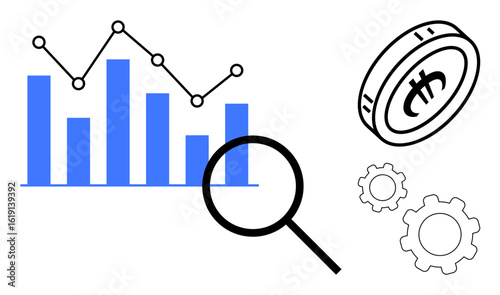 Bar graph with upward trend, magnifying glass, cryptocurrency coin, and gears representing analysis, finance, innovation, cryptocurrency, decision-making technology. Ideal for fintech solutions