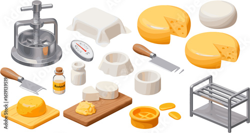 Cheese Making Equipment and Fresh Cheeses Still Life Illustration for Artisanal Production
