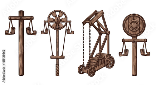 Medieval torture devices on white background, illustration for games
