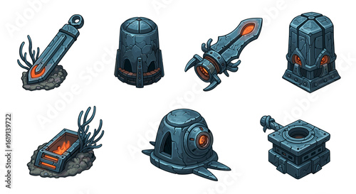 Sci-fi asset elements: Futuristic objects, video game design, isometric graphics