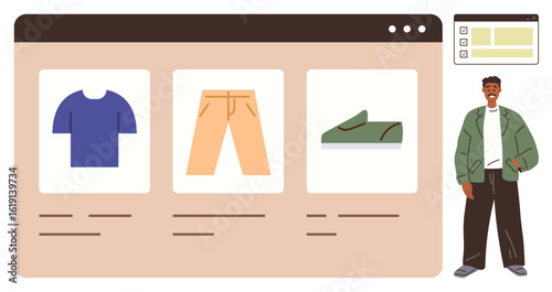Online shop window features shirt, pants, and shoes as a male shopper smiles beside it. Ideal for e-commerce, fashion, online shopping, retail, marketing, digital catalogs simple flat metaphor