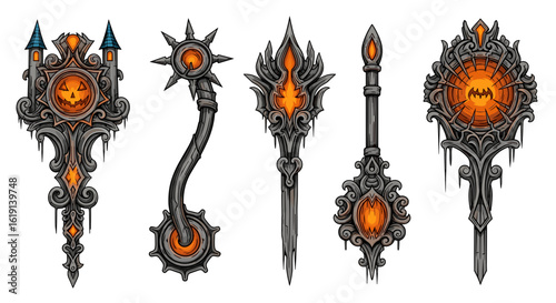 Halloween Magic: Collection of Ornate and Glowing Scepters on White