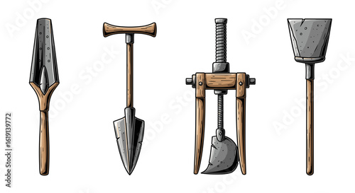 Antique gardening tools collection illustrated with traditional hand-drawn designs