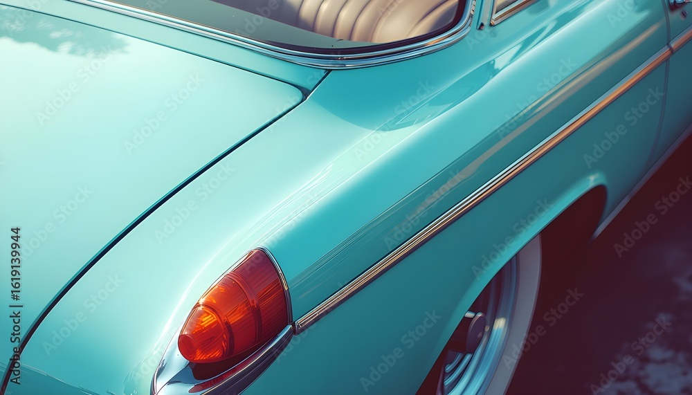 Fototapeta premium A top-down perspective detailing the rear corner of a vintage automobile, featuring teal green paint, a chrome bumper, and visible tire tread.