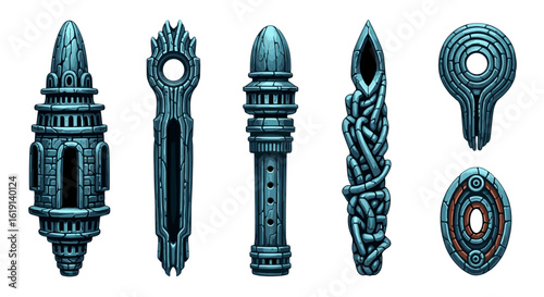 Ancient magical obelisks of teal stone, a mystical collection
